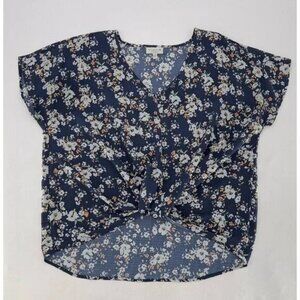 Studio B by‎ Bobeau Women’s Relaxed Navy Blue Floral Knotted Front Blouse M Boho